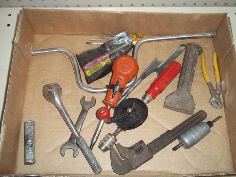 Assorted tools and pipe wrench