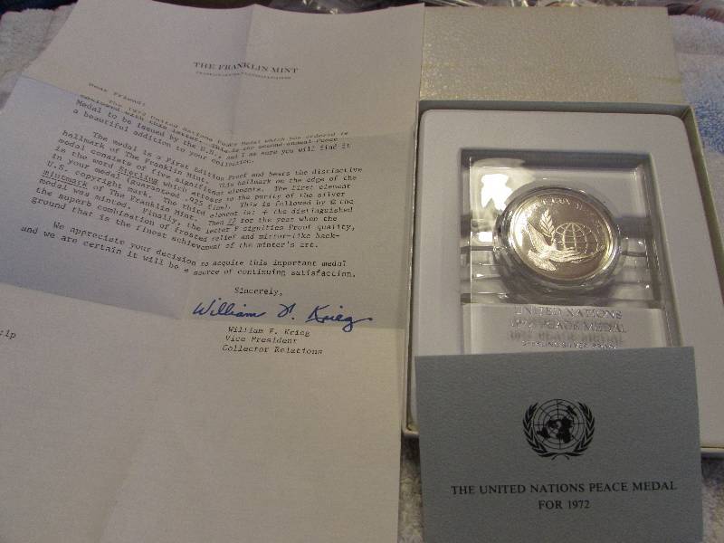 1972 United Nations Peace Medal, Struck in Sterling Silver Proof, with COA and Letter.