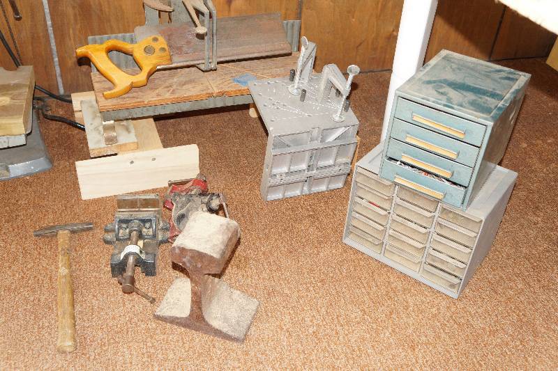 lot 16 image: Miterbox, Anvil, 2 Clamps, Miterbox Clamp, Finishing Hammer & 2 Storage Boxes with Misc. Hardware