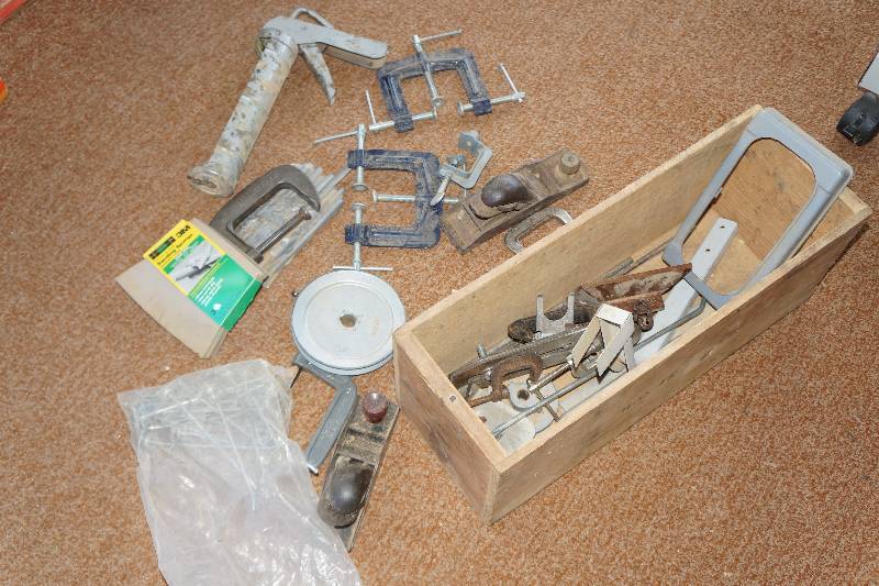 lot 29 image: Box of Misc. Metal Clamps, Planer, Pully & Other Misc.