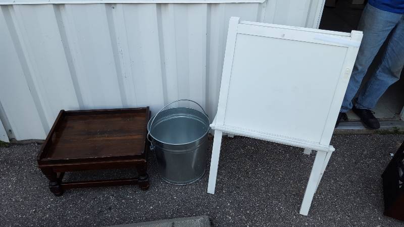 Low table, metal pail, craft easel