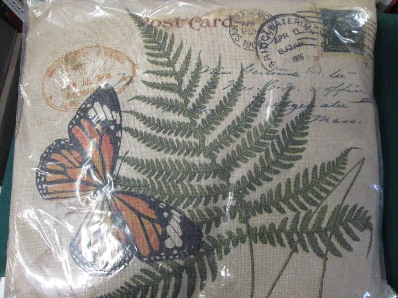 lot 214 image: Burlap Butterfly Fern Decor Pillow ...