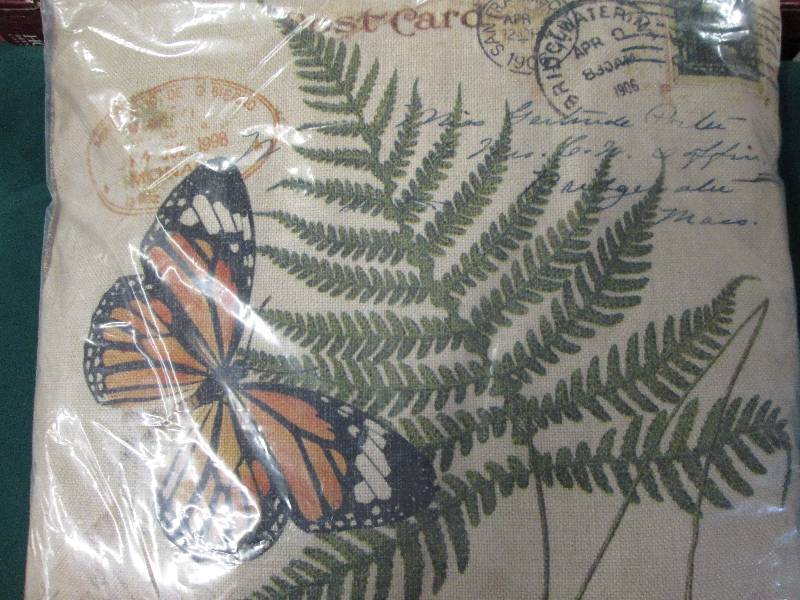 lot 216 image: Burlap Butterfly Fern Decor Pillow ...