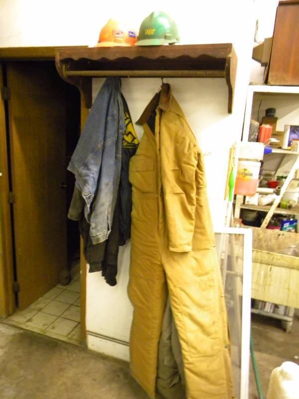 Vintage Coat Rack, Clothing and Hard Hat Lot
