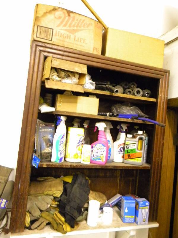Wood Shelving Unit and Chemicals