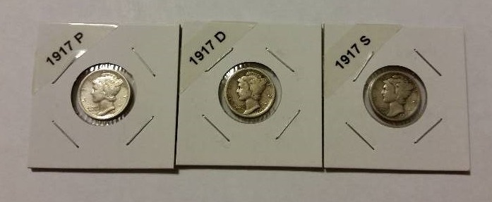 1917-P, D and S Mint Early Mercury Dimes