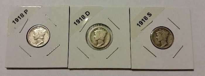 1918-P, D and S Mint Early Mercury Dimes