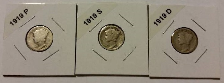 1919-P, D and S Mint Early Mercury Dimes