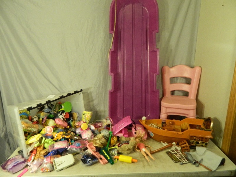 lot 201 image: Kids Chair, Sled, and Toys