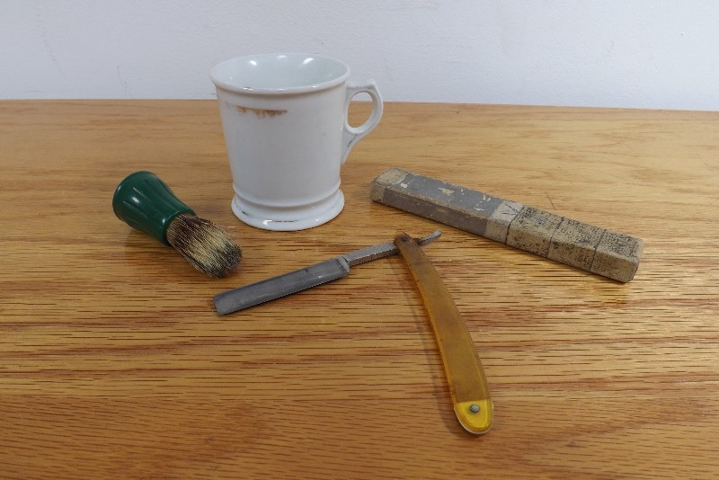 lot 28 image: Antique Straight Razor, Germany Shaving Cup, and Horse Hair Shaving Brush