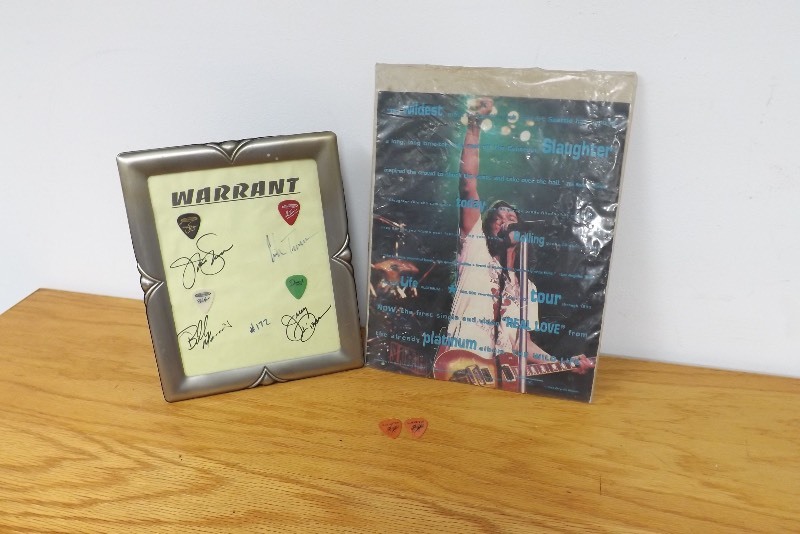 lot 37 image: Framed Autographed 1980s Band WARRANT and a Vintage Slaughter Poster