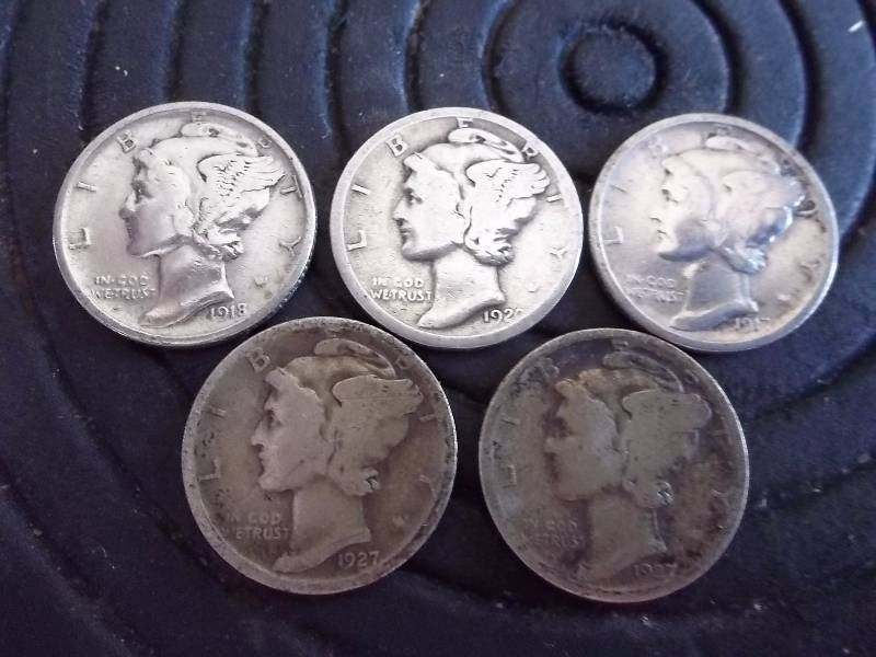 5 Mercury Dimes 1917 S, 1918, 1920 S, 1927, 1927 S