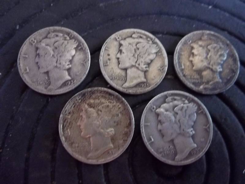 5 Mercury Dimes 1934 D, 1935 D, 19236 D, 1937 D, 1939 S