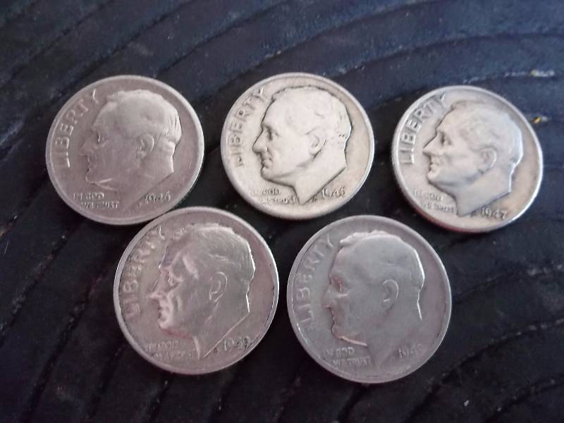 5 Roosevelt Dimes 1946, 1946 S, 1947, 1949 D, 1949 S