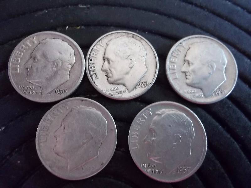 5 Roosevelt Dimes 1950, 1951 D, 1951 S,  1952 S, 1957 D