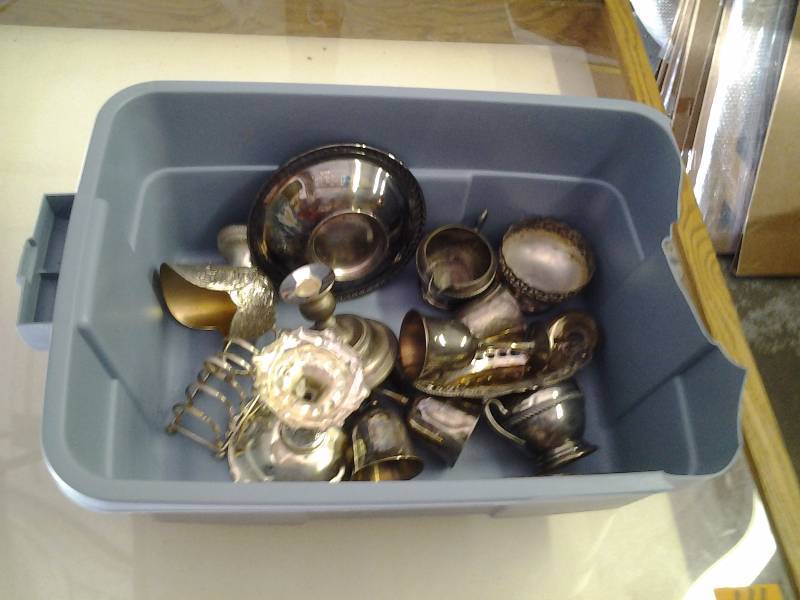 Tote Of Silverplate & Metal Wares