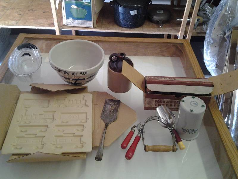Pampered Chef Cookie Mold & Measuring Cups, Vintage Utensils & Grinder, Crock Bowl, Jug & Red Wing Tumbler