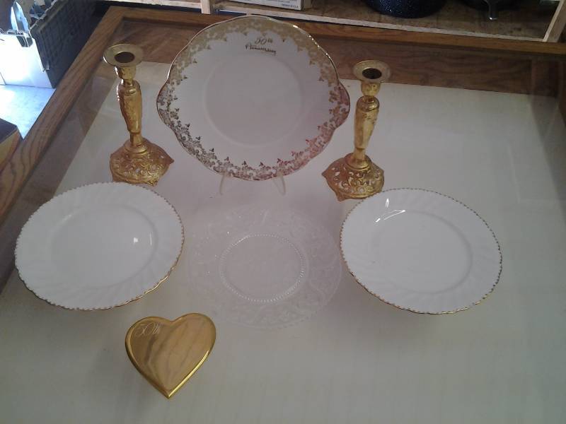 50th Anniversary Plates, Pair Gold Candlesticks, Other Gold Rim Dishes