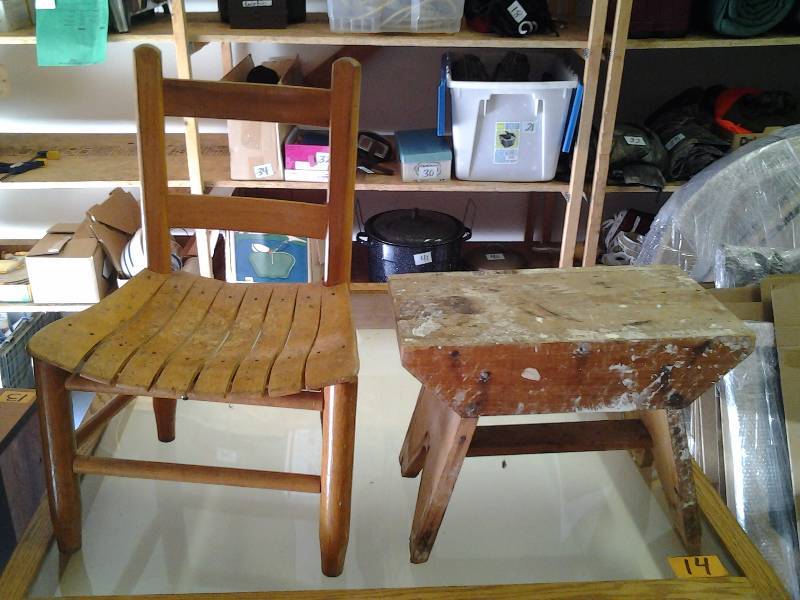 Primitive Wood Stool & Childs Wood Chair