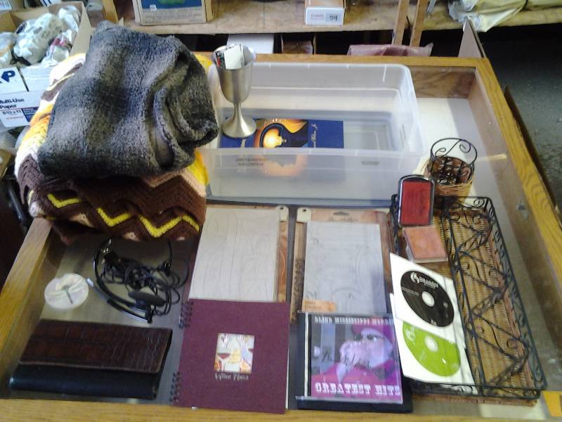 Tote With Lid Afgan, Wicker Desk Set, Chipboard Letters, Wallet, Headphones, Cds, Stamp & Ink Pad