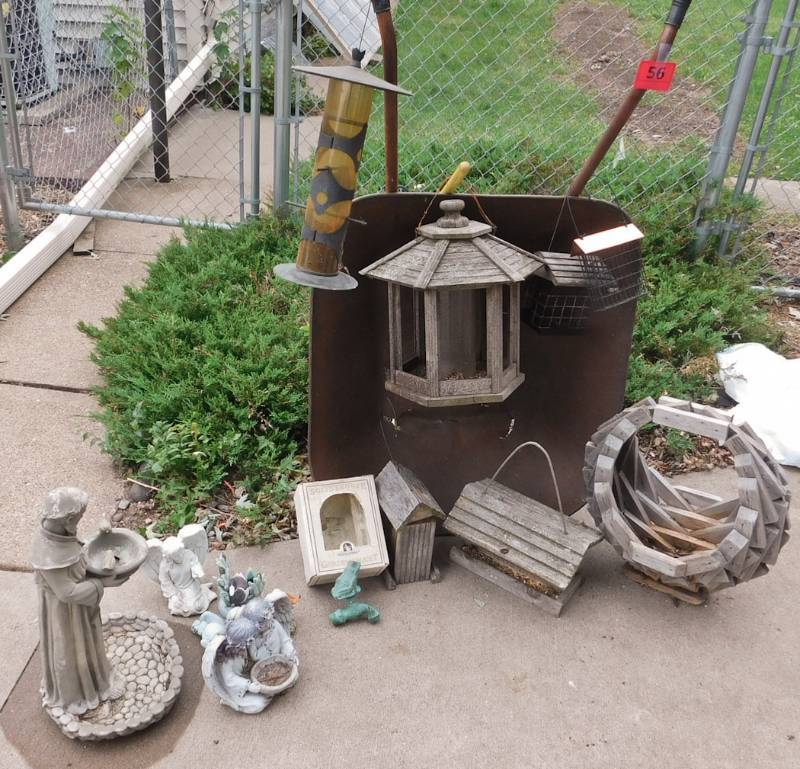 wheelbarrow, bird feeders garden art