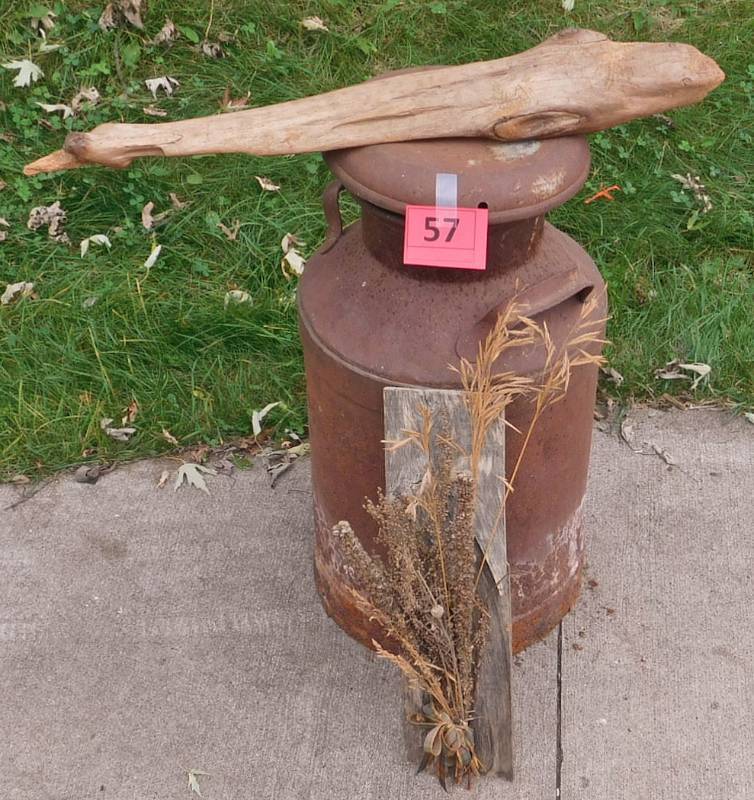 milk can, burl root and wall art