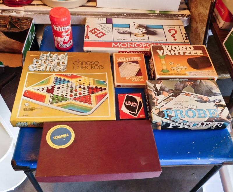 old blue card table and games