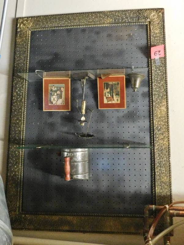 wall unit frame, pegboard glass shelves