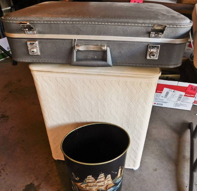 vintage trash can, suitcase and hamper