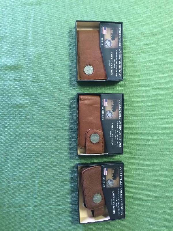 lot 114 image: American Bison Leather Wallet and 2 Cell Phone Cases with Buffalo Indian Head Nickels.