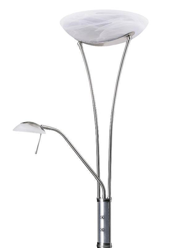 lot 117 image: Kendal Lighting 72-Inch Portable Torchiere Floor Lamp with Reading Light, Satin Nickel and Brushed Aluminum with Faux Alabaster Glass Shade