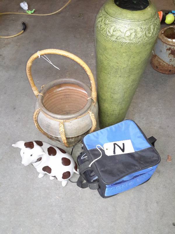 Large metal floral urn, ceramic urn with cane handle, electric cooler, porcelain PIG