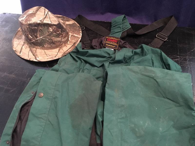 Sterns Rain Bibs and Camo Hat