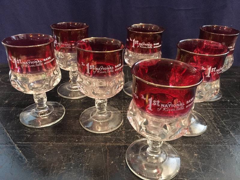 Seven Ruby Flashed Glass Advertising Cordial Coblets