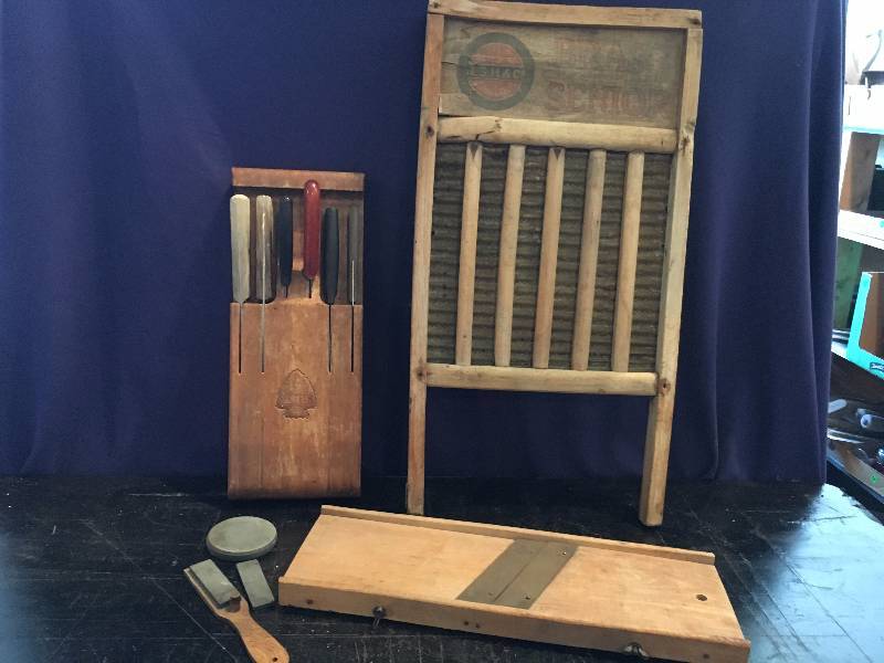 Vintage Wash Board, Slicer and Knifes