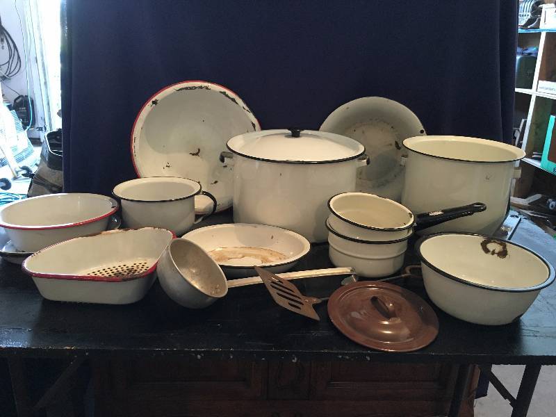 Huge Group of White Enamel Pans