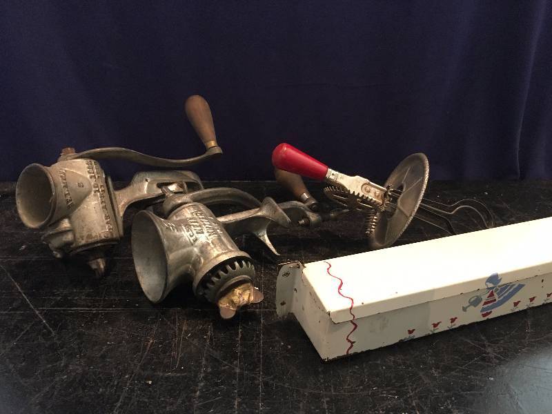Vintage Meat Grinders, Egg Beater and Spice Rack