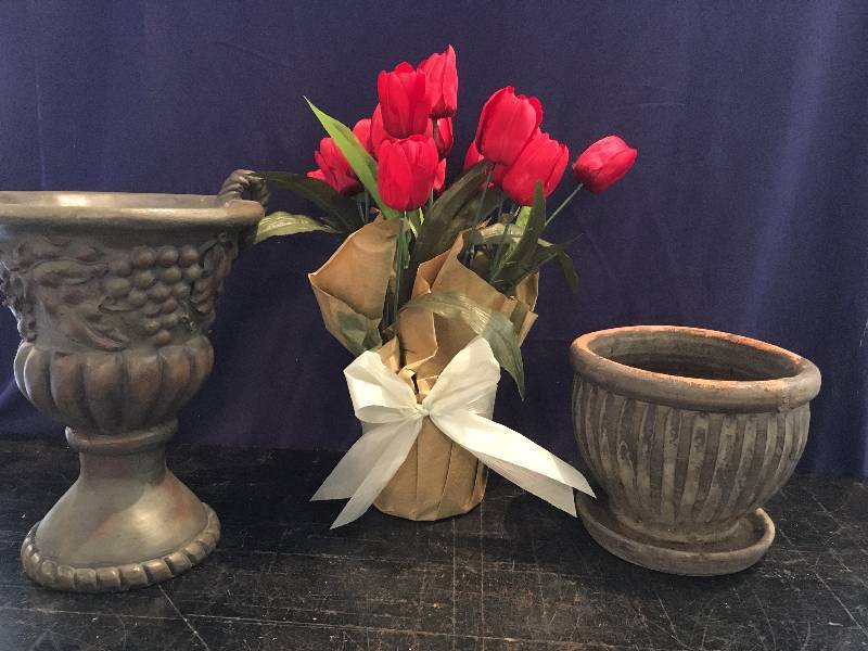 Two Flower Urns & Silk Tulips