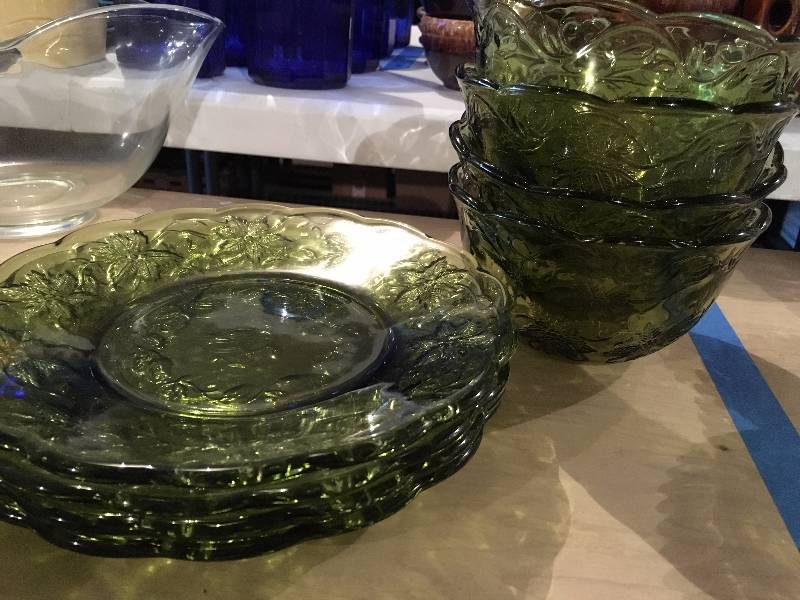 Beautiful Green Glass Dessert Set of Dishes