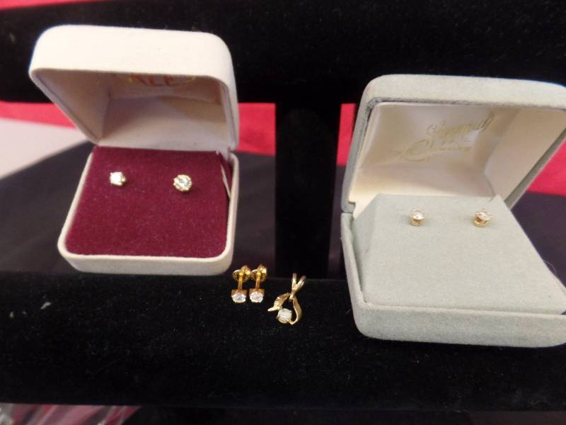 Diamond Earrings and Gold and Opal Pendant