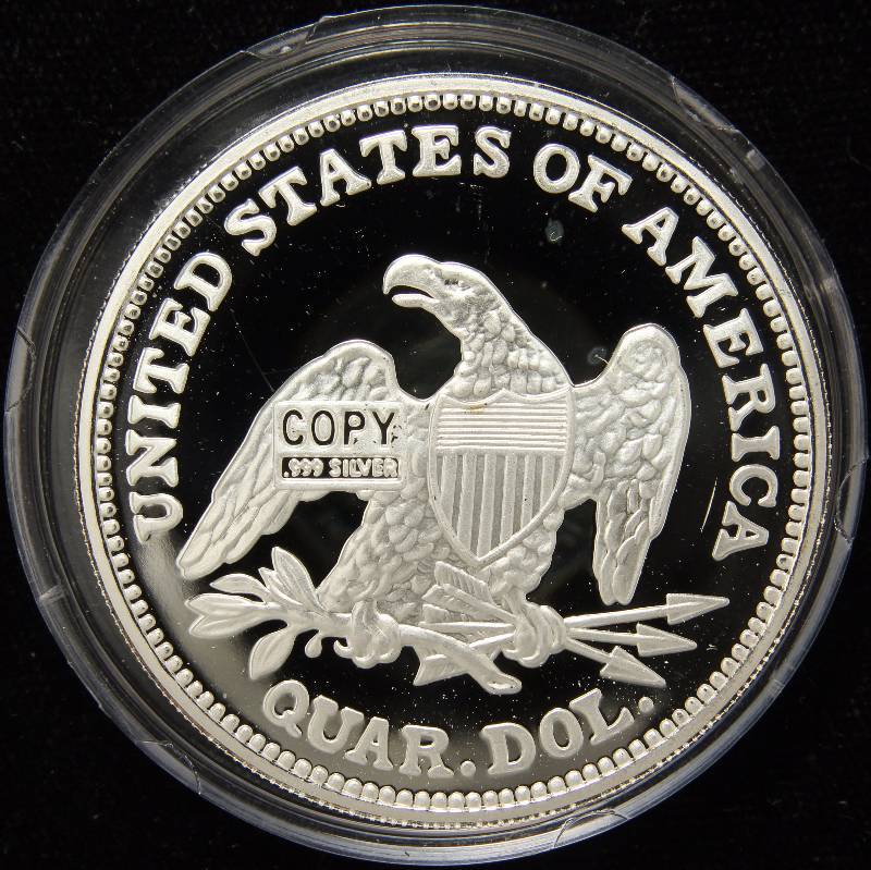 2 TROY OZ. .999 FINE SILVER PROOF 1866 SEATED QUARTER DESIGN IN AIRTITE HOLDER