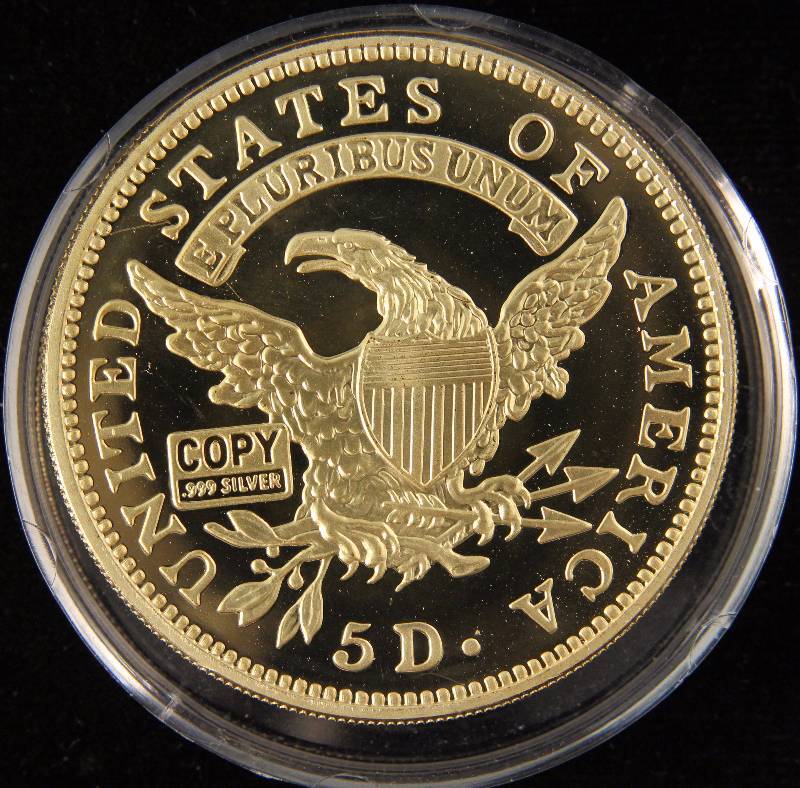 2 TROY OZ. .999 FINE SILVER PROOF 1822 $5 GOLD DESIGN (GOLD PLATED OVER .999 FINE SILVER) IN AIRTITE HOLDER