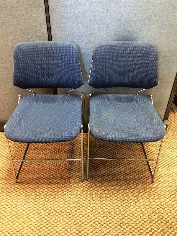 Pair Office Chairs Chrome Blue Stacking - Nice Condition - Some Occasional Stains - Quick Clean Up - No Tears