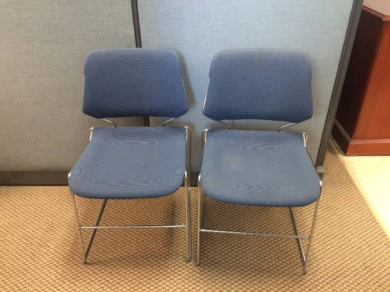 Pair Office Chairs Chrome Blue Stacking - Nice Condition - Some Occasional Stains - Quick Clean Up - No Tears