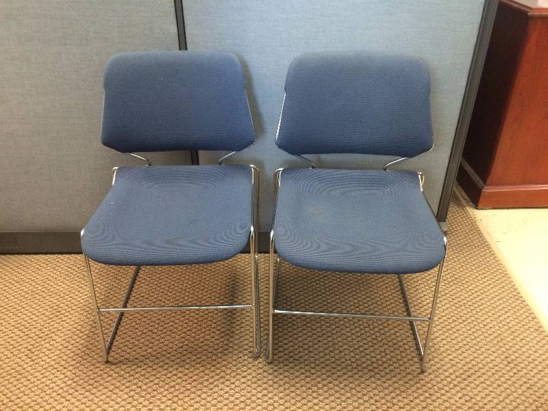 Pair Office Chairs Chrome Blue Stacking - Nice Condition - Some Occasional Stains - Quick Clean Up - No Tears