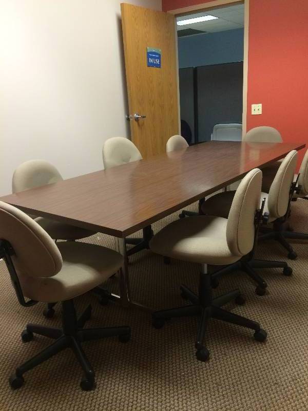 Laminate Wood Chrome Conference Table w 8 HON Quality Ergonomic Comfortask Adjustible Swivel Tilt Conference Chairs Nice Condition - No Tears To Fabric - Fabric Could Use Some Light Cleaning