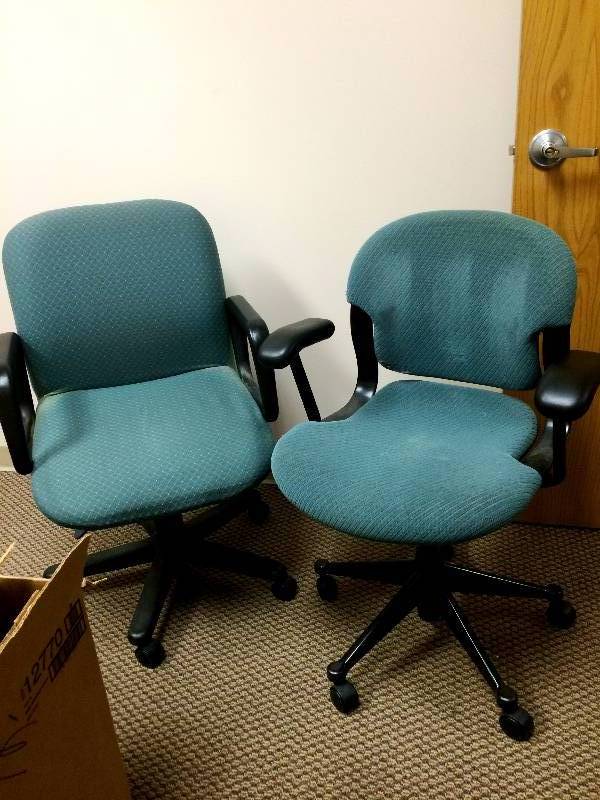 Pair Of Green Rolling Swivel Office Chairs - Nice Condition