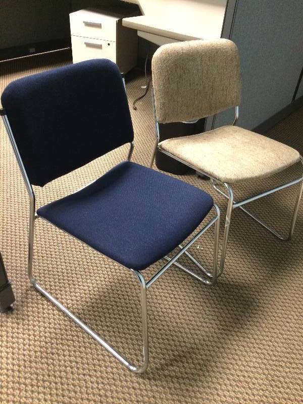2 Office Chairs Chrome Fabric Stacking - Nice Condition - Quick Clean Up - No Tears