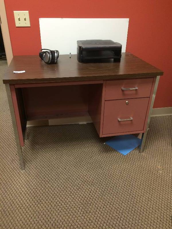 Retro Rose Colored Chrome Wood Laminate Secretarys Desk - Very Nice Condition Headphones & Monitor Stand Included