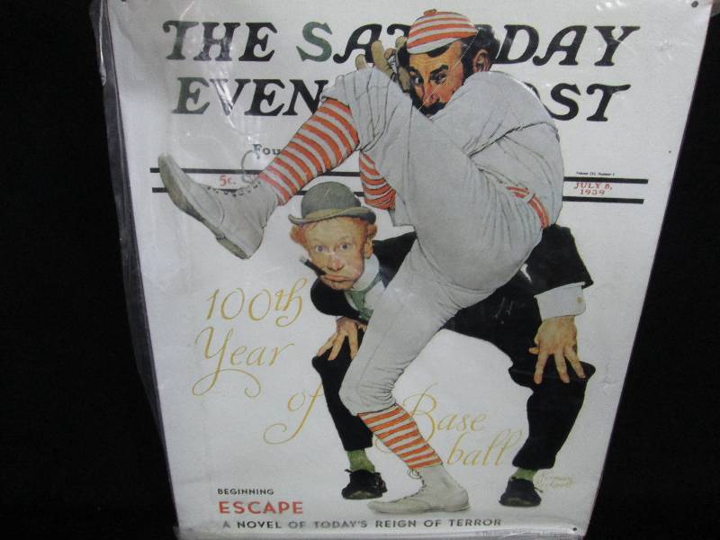 lot 63 image: Collectible Embossed Tin Sign Saturday Evening Post Baseball